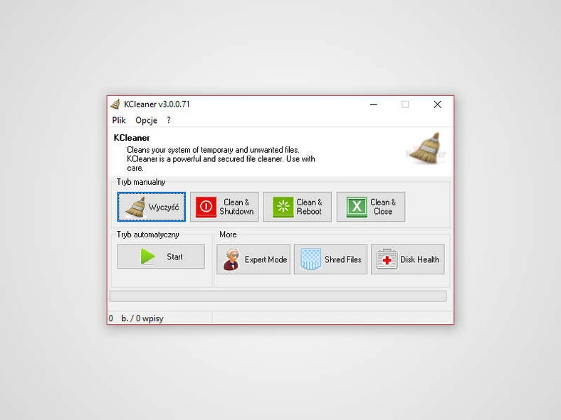 Główne okno programu do oczyszczania pamięci masowej komputerów - KCleaner Pro