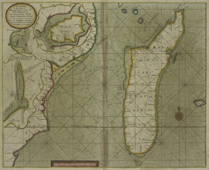 Madagaskar na mapie z początku XVIII wieku.
