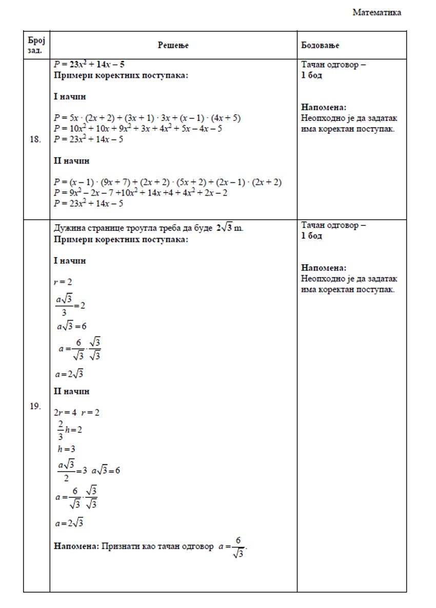 rešenja testa iz matematike 