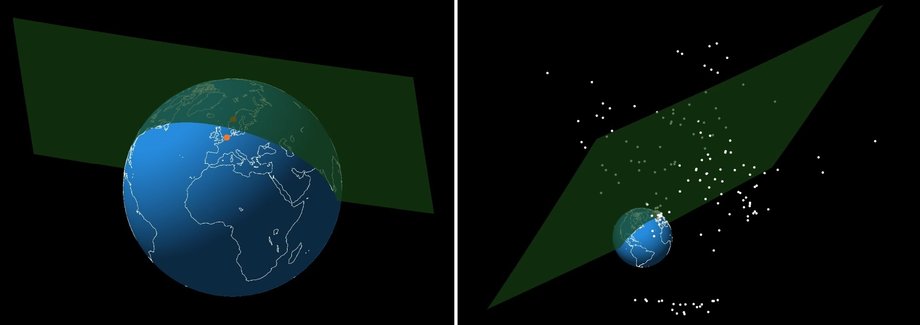 Możliwe położenie źródła sygnału i satelity w tym rejonie