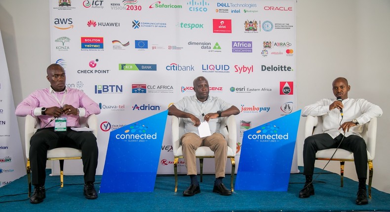 Left to right: Amazon Web Services Regional Lead Sub Saharan africa, Robin Njiru, PS State Department for Information Communications Technology (ICT) and Digital Economy Eng. John Kipchumba Tanui, MBS and ICT Authority CEO, Mr. Stanley Kamanguya at Connected Kenya 2023 held in Diani. Amazon Web Services is set to train 10,000 students, across 10 higher education institutions in Kenya, on AWS Academy in 2023