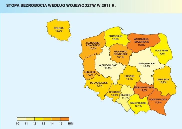 Stopa bezrobocia według województw w 2011 roku