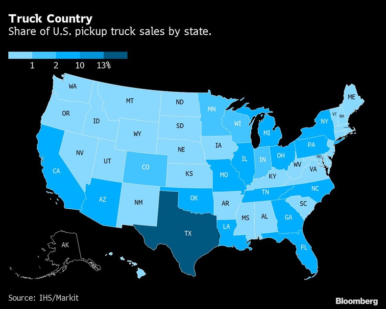 Rynkowy udział pick-upów w sprzedaży w poszczególnych stanach USA