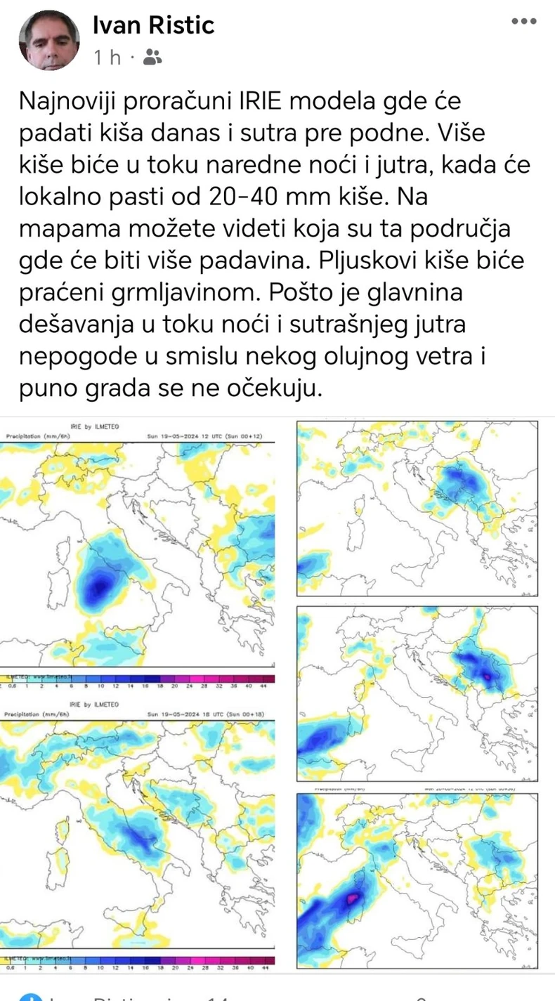 Ivan Ristić mape gde će padati kiša