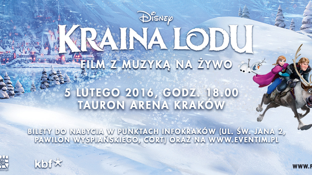 "Kraina Lodu", wyróżniona ponad 70-cioma nagrodami, w tym dwoma Oscarami, zapierająca dech w piersiach komedia przygodowa Studia Walta Disneya z muzyką na żywo zostanie po raz pierwszy zaprezentowana w tej części Europy. Na oszałamiający pokaz wysokiej rozdzielczości obrazu i światła w towarzystwie magicznej muzyki wykonanej przez Orkiestrę Akademii Beethovenowskiej oraz Chór Polskiego Radia można będzie się wybrać do TAURON Areny Kraków 5 lutego 2016 roku o godz. 18.00.