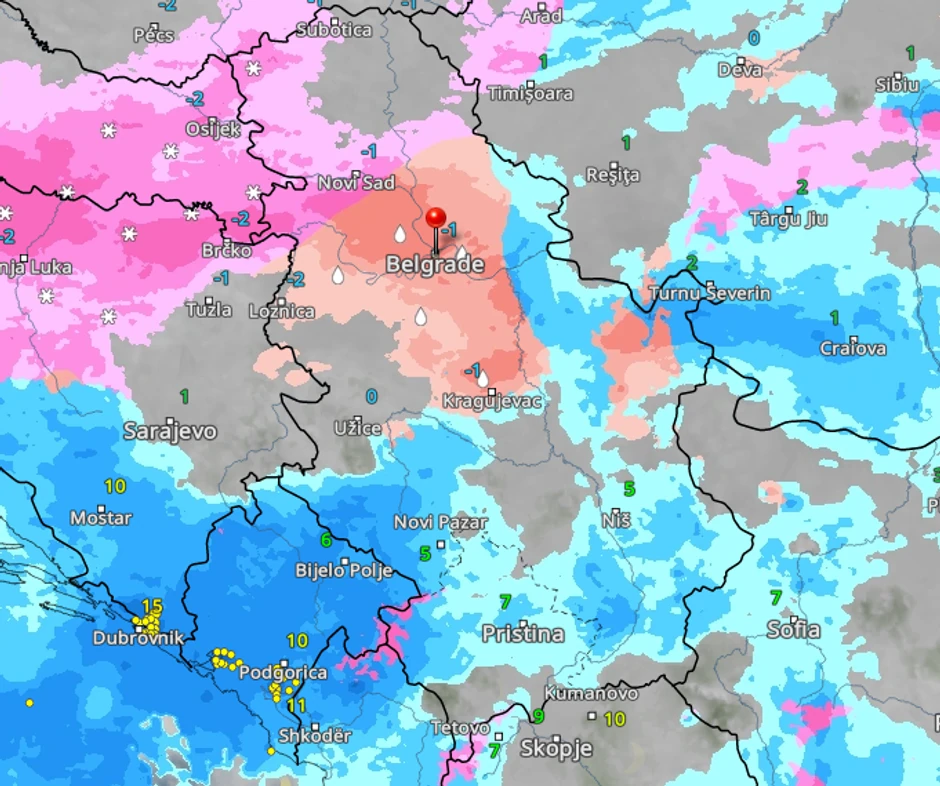 Kretanje padavina u ponedeljak u Srbiji u 17 časova 