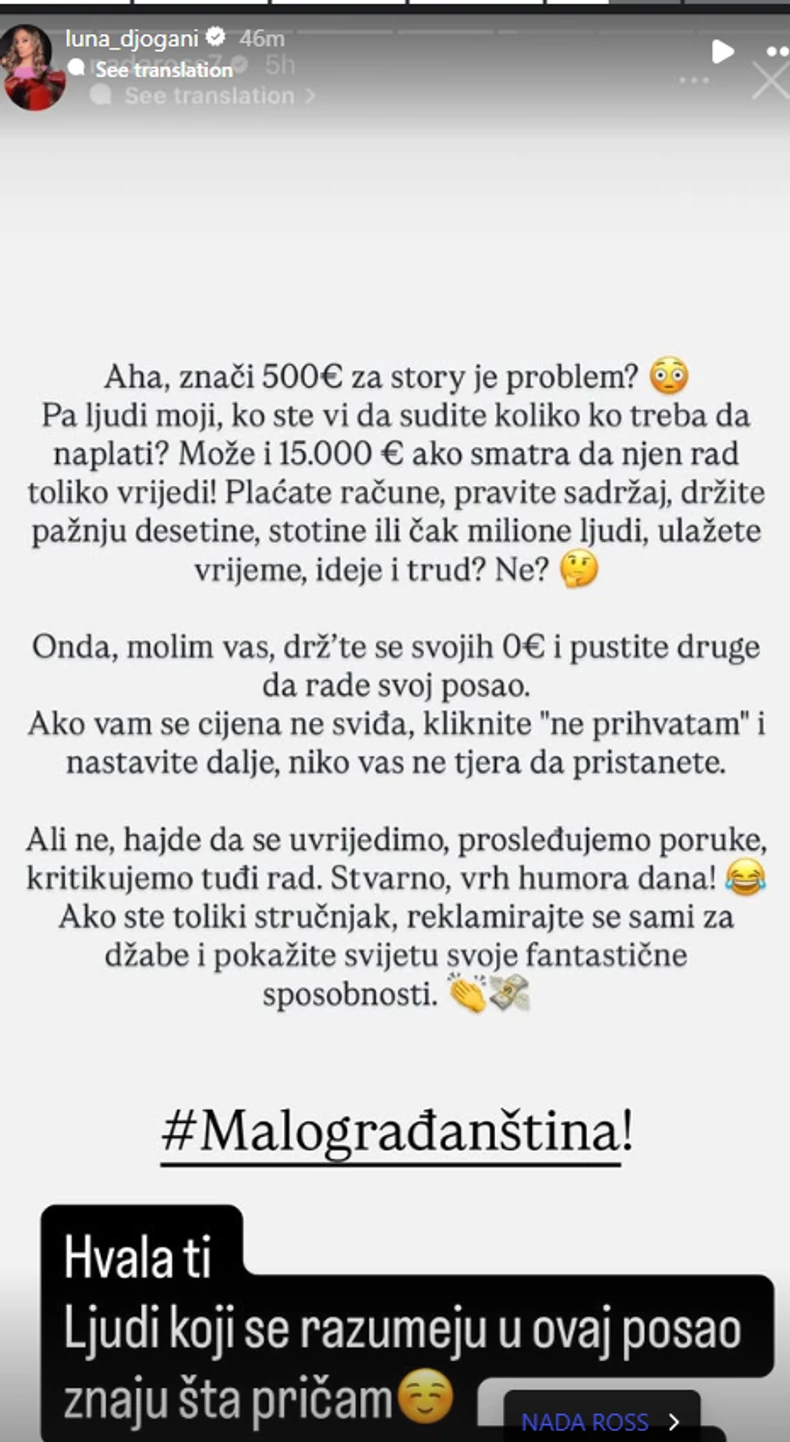 Nakon što je isplivao cenovnik Lune Đogani: "MOže i 15.000 evra za stori"