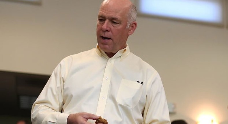 Republican congressional candidate Greg Gianforte talks with supporters during a campaign meet and greet at Lambros Real Estate on May 24, 2017 in Missoula, Montana.