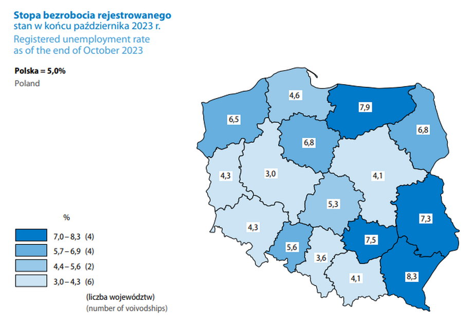 Stopa bezrobocia mapa październik 23