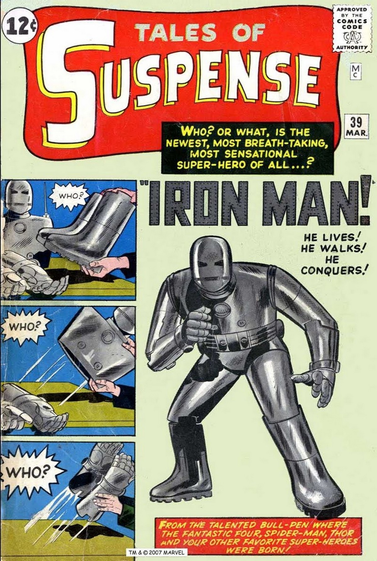 1963. Tales o Suspense #39 Tak narodziła się legenda: trzeba przyznać, że z dzisiejszego punktu widzenia niezbyt efektownie. Ton y Stark - ranny w zasadzce zorganizowanej przez chińskich komunistów - konstruuje zbroję, która ocali mu życie i pozwoli umknąć z rąk prześladowców.