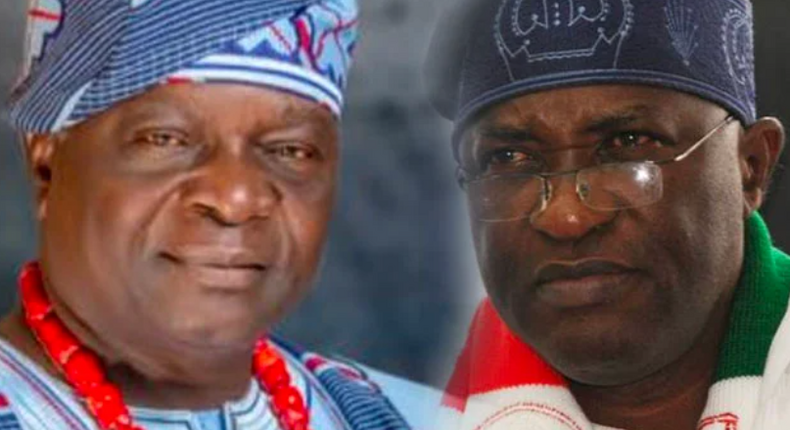 Former Osun State Governor, Olagunsoye Oyinlola, and ex-National Secretary of the PDP Prof Wale Oladipo. (Punch)