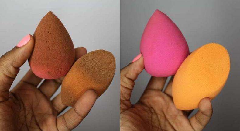 (L) Before and (R) After cleaning beauty blenders (Courtesy)