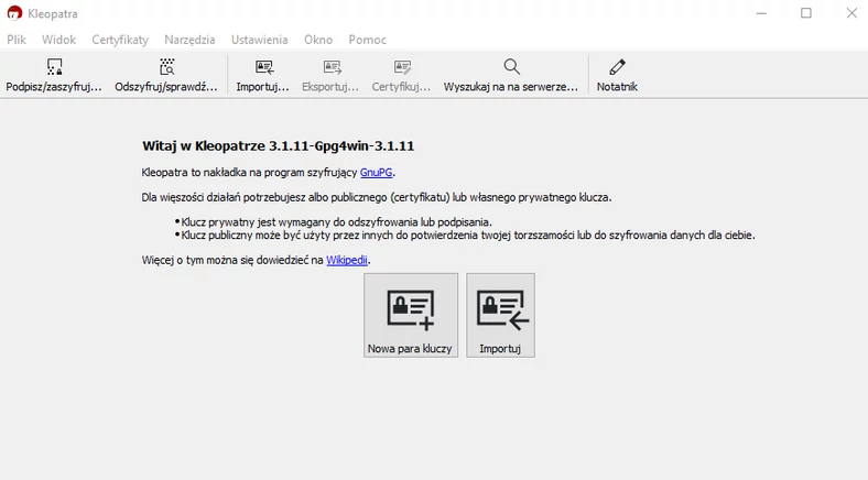 Gpg4Win (z graficznym interfejsem Kleopatra) należy jedynie zainstalować