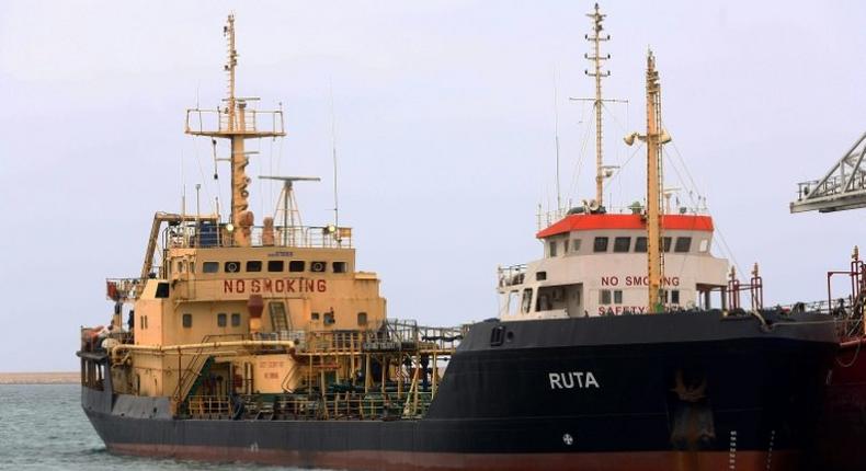 The Ruta oil tanker flying the Ukranian flag, is seen at the Tripoli seaport on April 29, 2017, after it was seized by the Libyan navy