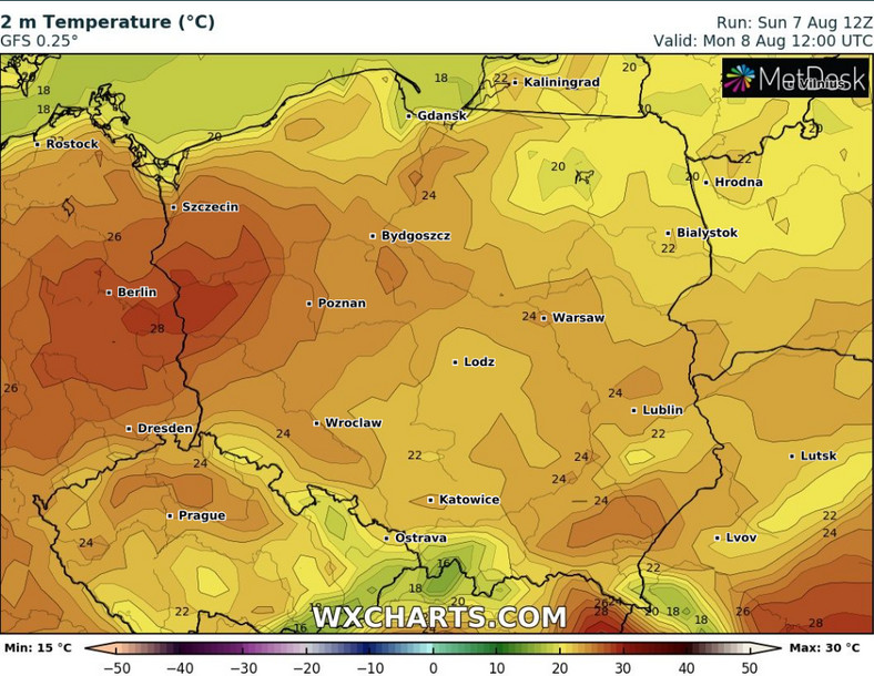 Temperatura maksymalna od 20 st. C do 25 st. C. Chłodniej w rejonach podgórskich Karpat około 19 st. C oraz cieplej na Ziemi Lubuskiej i Dolnym Śląsku do 26 st. C