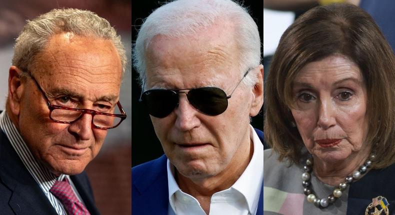 Senate Majority Leader Chuck Schumer (left) and former House Speaker Nancy Pelosi (right) seem to have wavered in their support for President Joe Biden (center).Kent Nishimura via Getty Images; Kevin Dietsch via Getty Images; Johannes Simon via Getty Images