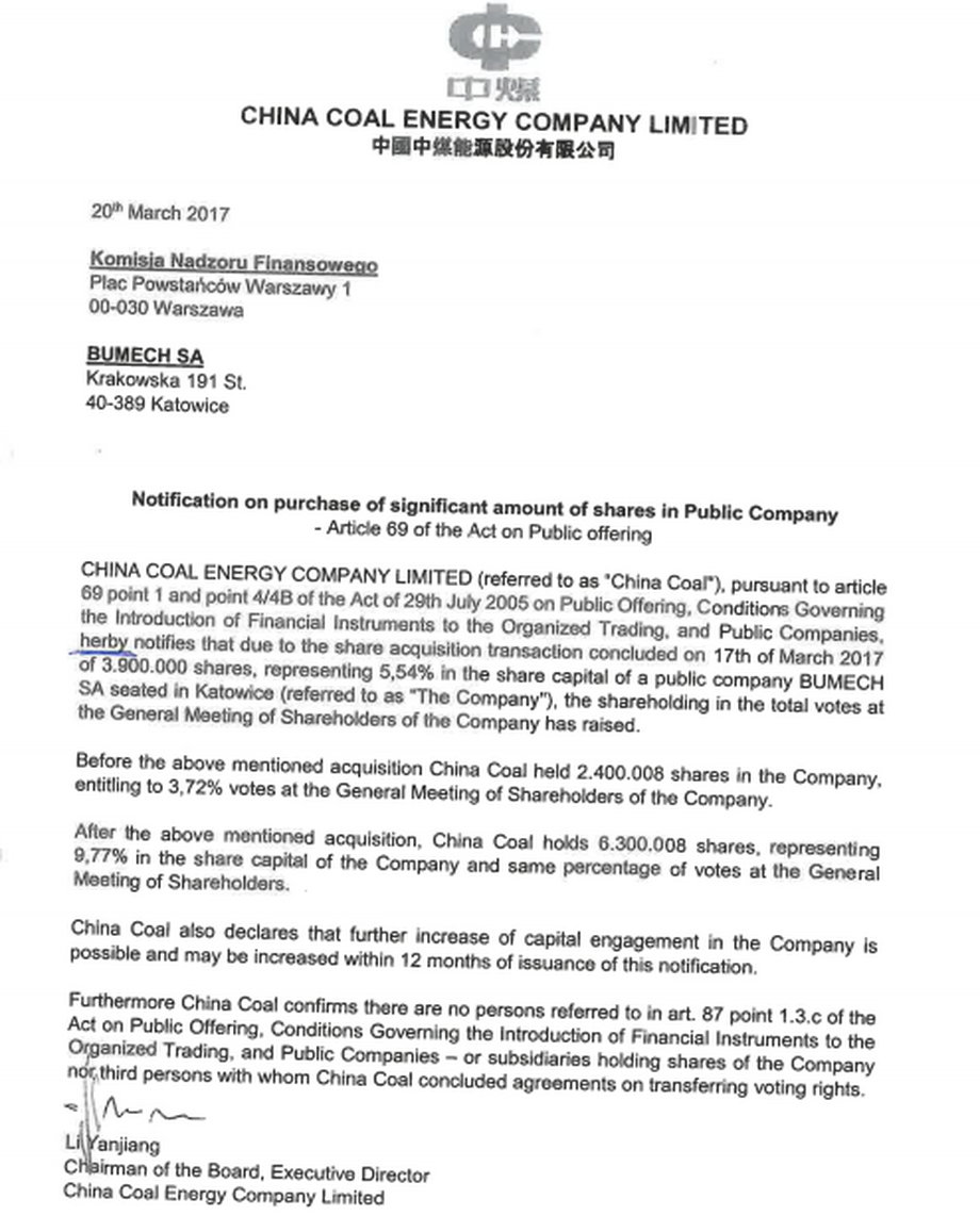 Domniemane pismo od China Coal Energy do Bumechu