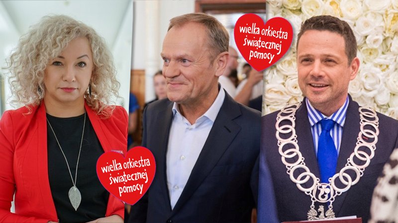 Aukcje na rzecz WOŚP przygotowali m.in. (od lewej): Katarzyna Kotula, Donald Tusk i Rafał Trzaskowski