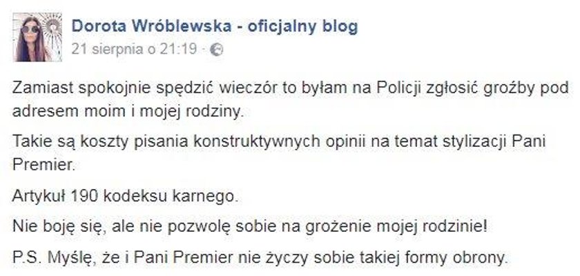 Dorota Wróblewska ma kłopoty po krytyce stroju premier Szydło