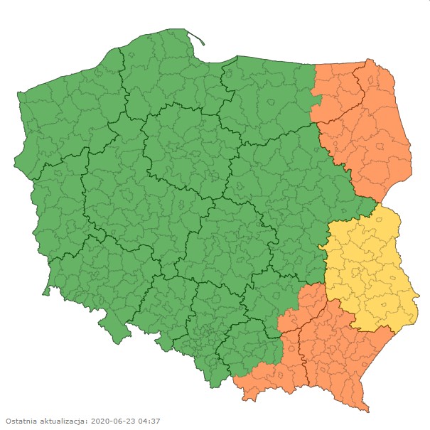 Nowe ostrzeżenia IMGW na wtorkowe godziny przedpołudniowe