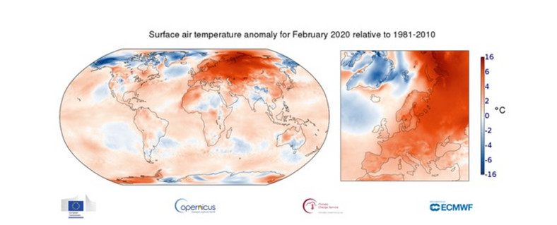 Anomalie temperatury powietrza w lutym 2020 roku na tle wielolecia 1981-2010 (źródło: Copernicus Climate Change Service/ECMWF)