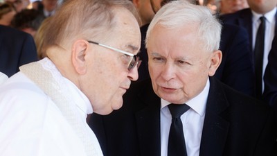 Jarosław Kaczyński i o. Tadeusz Rydzyk podczas 32. Pielgrzymki Rodzin Radia Maryja na Jasnej Górze. Częstochowa, 09.07.2023 r.