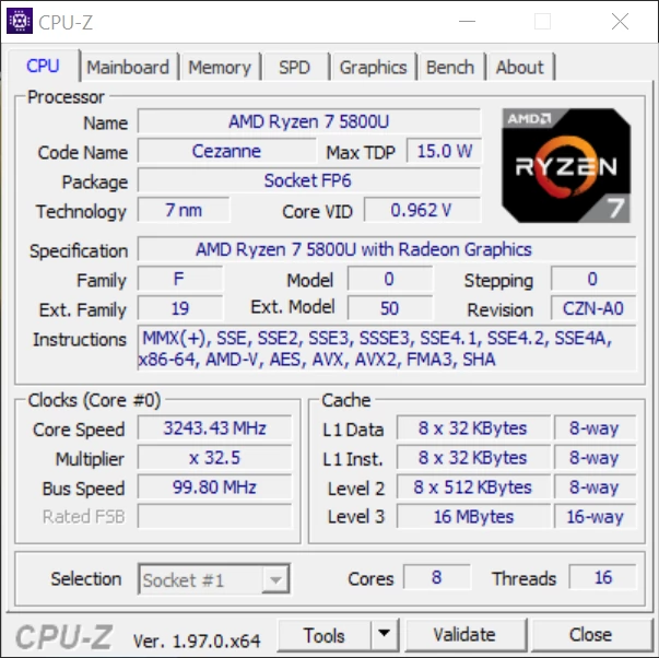 HP Pavilion Aero 13 – CPU-Z – specyfikacja procesora AMD Ryzen 7 5800U