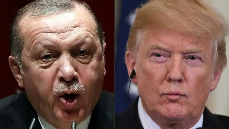 US President Donald Trump, right, is warning his Turkish counterpart Recep Tayyip Erdogan of economic devastation should Ankara hit Kurdish forces after the American troop pullout from Syria