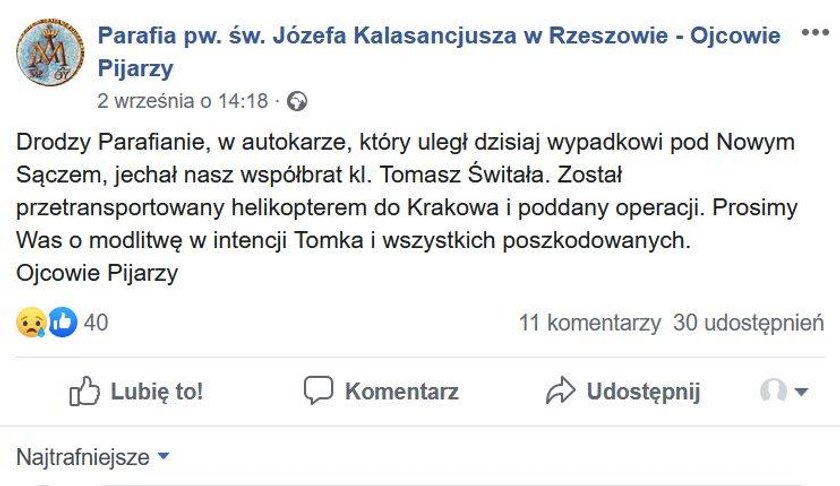 Kleryk Tomasz ciężko ranny w wypadku. Pijarzy proszą o modlitwę