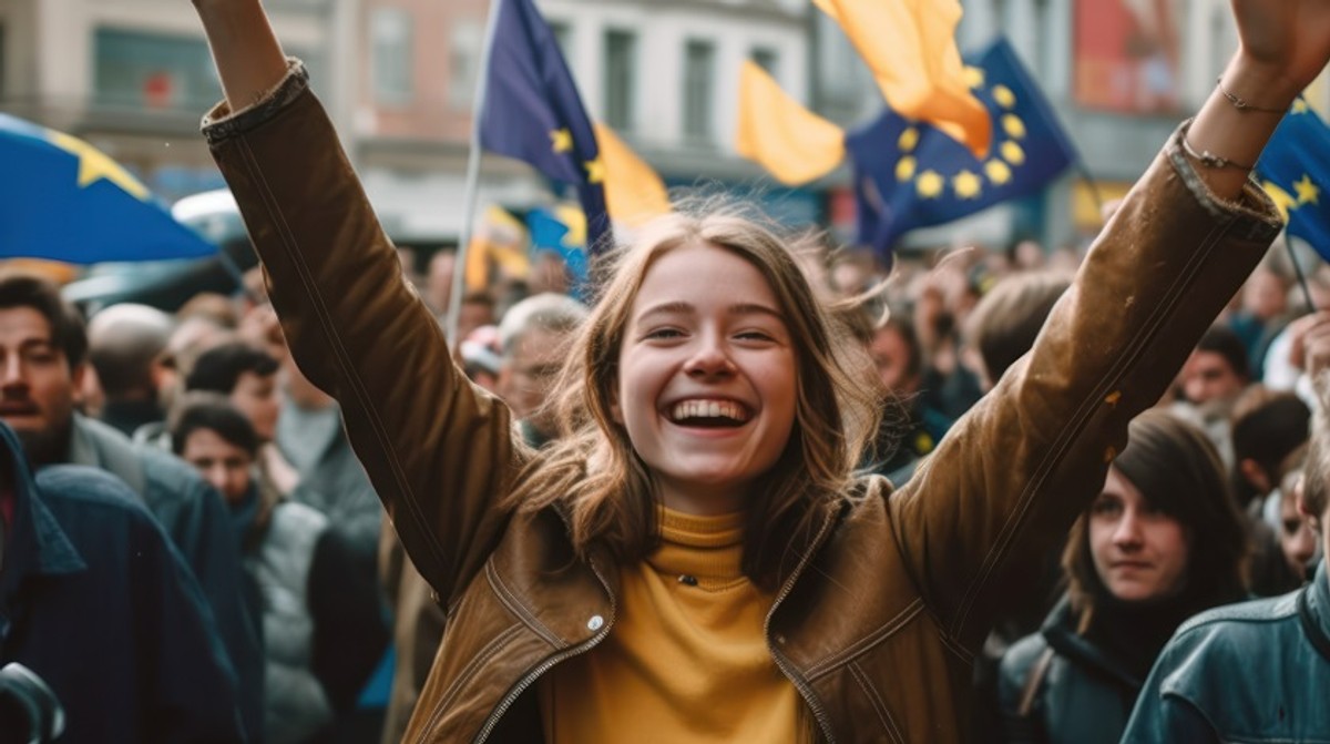 Group of people celebrating with European union flag
