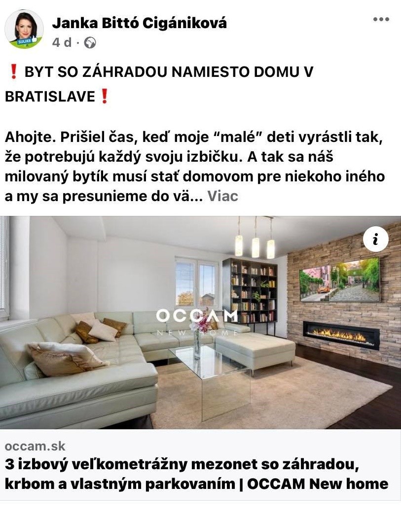 Cigániková predáva byt.