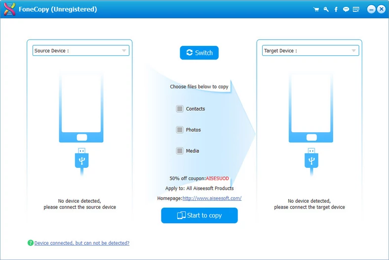 Główne okno programu do przenoszenia danych z Androida na iOS (i na odwrót) - Aiseesoft FoneCopy