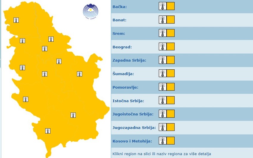 Meteoalarm za ponedeljak