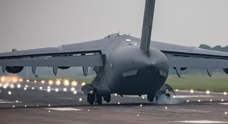 An RAF C-17 plane seen at RAF Brize Norton air base, England, in August 2021.