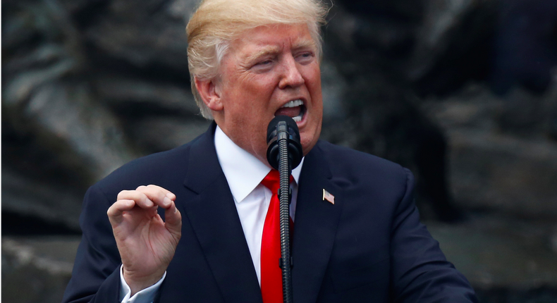 U.S. President Donald Trump gives a public speech in front of the Warsaw Uprising Monument at Krasinski Square, in Warsaw, Poland.