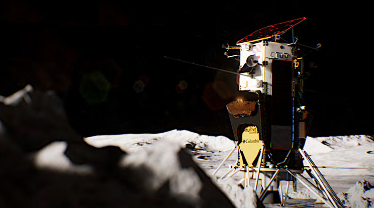 Az Odysseus robotűrhajó az első amerikai szerkezet, amely több mint 50 év után visszatért a Holdra. Missziója annak bizonyítása, hogy lehetséges nagy mennyiségű hasznos teher elszállítása egymillió kilométerre az űrön át, és elő tudjuk készíteni az emberekkel végrehajtott biztonságos repüléseket és leszállást a Holdon. / Kép: Intuitive Machines