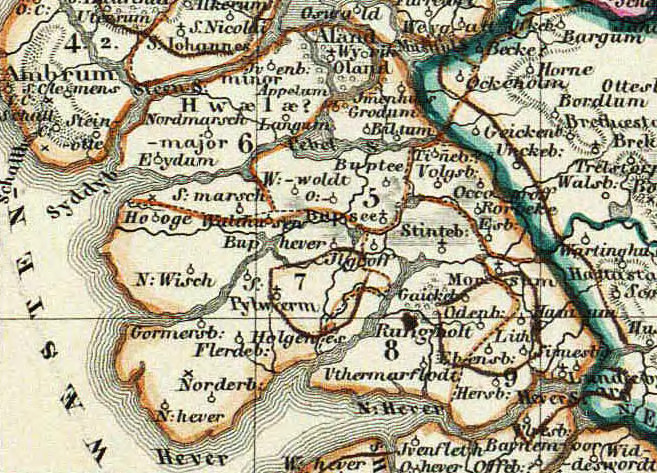 Rungholt i Strand w średniowieczu, na mapie z 1850 r.