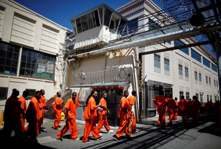 Inmates walk in at San Quentin state prison