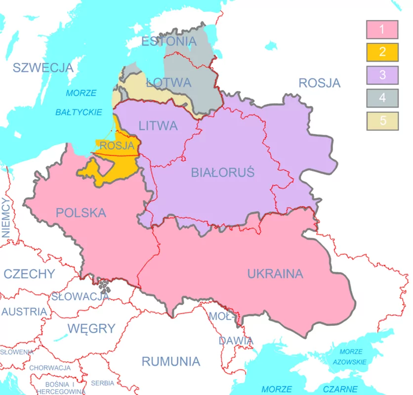 Mapa I Rzeczypospolitej z naniesionymi dzisiejszymi granicami Europy
