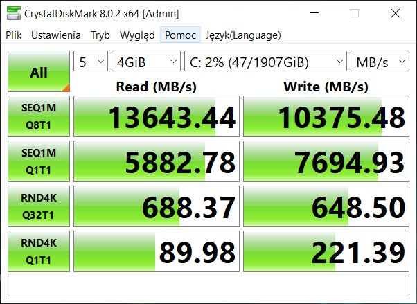 Acer Predator Helios 300 (PH315-54) – CrystalDiskMark 8 – szybkość nośnika SSD