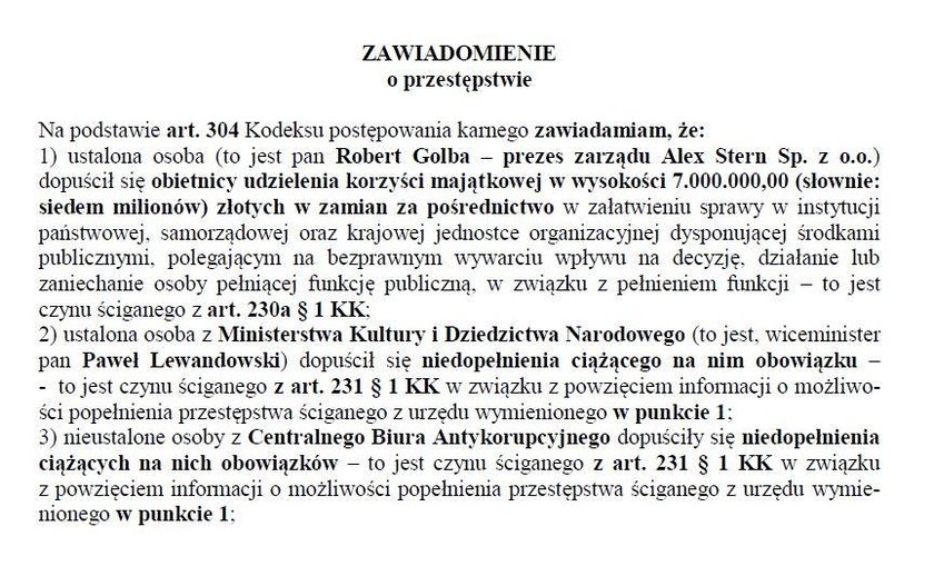 Takie zawiadomienie wysłano do prokuratury