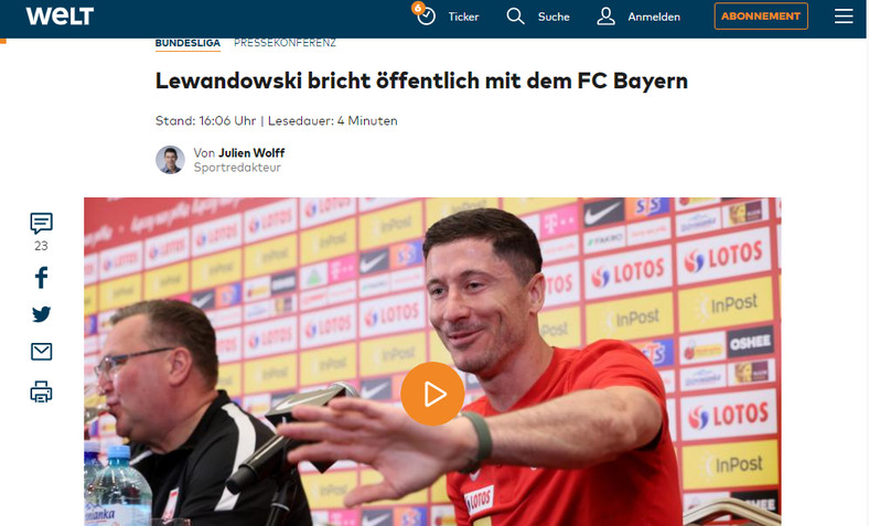 Dziennikarze "Die Welt" uważają, ze "Lewy" nie pozostawił wyboru Bayernowi