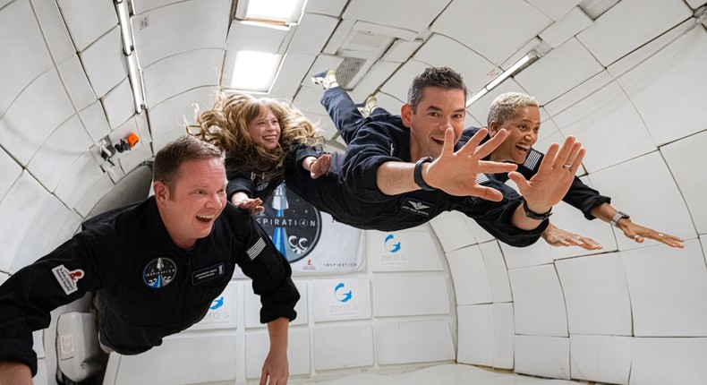 The Crew-2 members on a parabolic flight that simulates zero gravity. Left to right: Chris Sembroski, Hayley Arceneaux, Jared Isaacman, and Sian Proctor.
