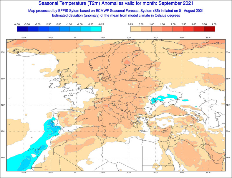Prognozowane odchylenie temperatury od średniej we wrześniu