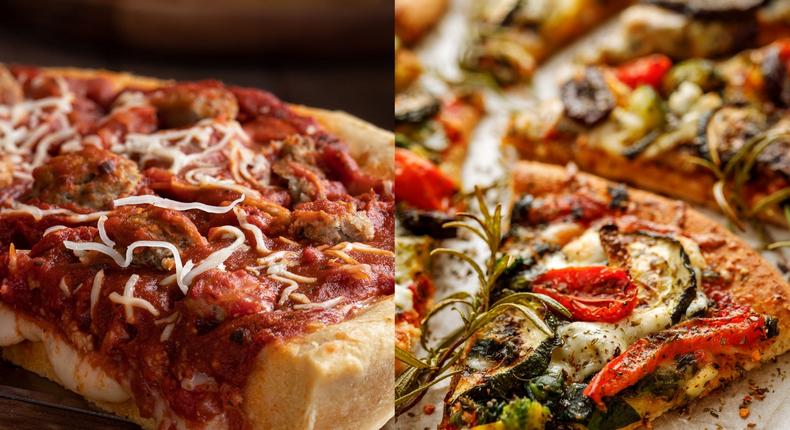 Swap a deep-dish pizza for a thin, wholemeal base pizza topped with vegetables to make it more Mediterranean diet friendly.Getty