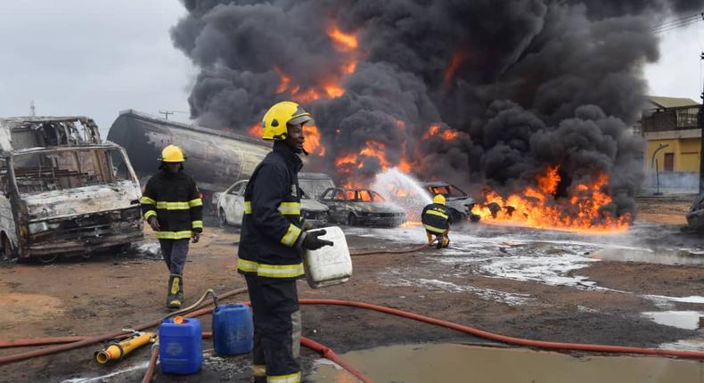 Firefighters battle to put out a fire resulting from a pipeline explosion in Ijegun, Lagos on Thursday, July 4, 2019/Image used as illustration [Twitter@MobilePunch]