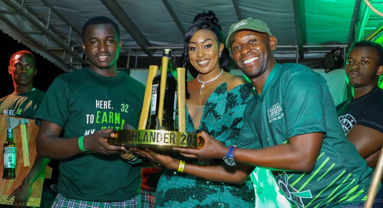 From Left, Kenya's Next Highlander Winner Silvester Kariuki Kiura, William Lawson Brnad Ambassador Amber Ray, and Paul Maina Area Manager North East Africa - Bacardi Martini