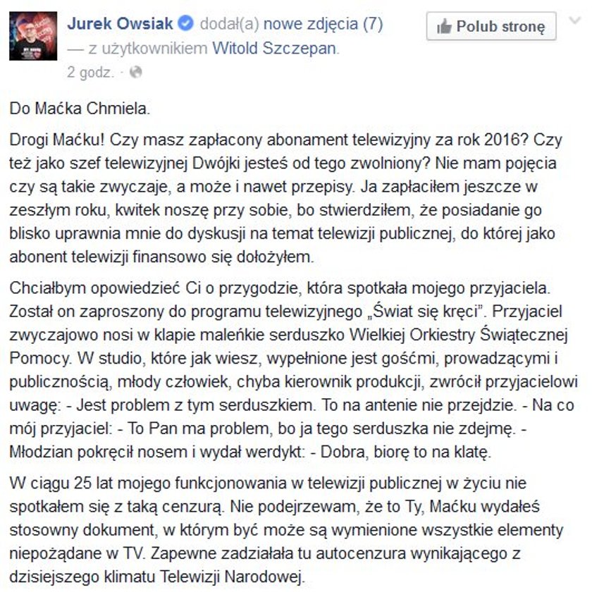 Emocjonalny wpis Owsiaka do szefa TVP2