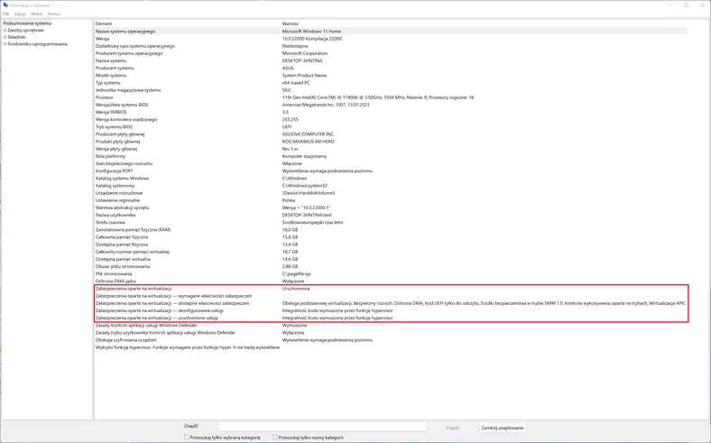 Windows 11 – Informacje o systemie – włączone zabezpieczenia bazujące na wirtualizacji