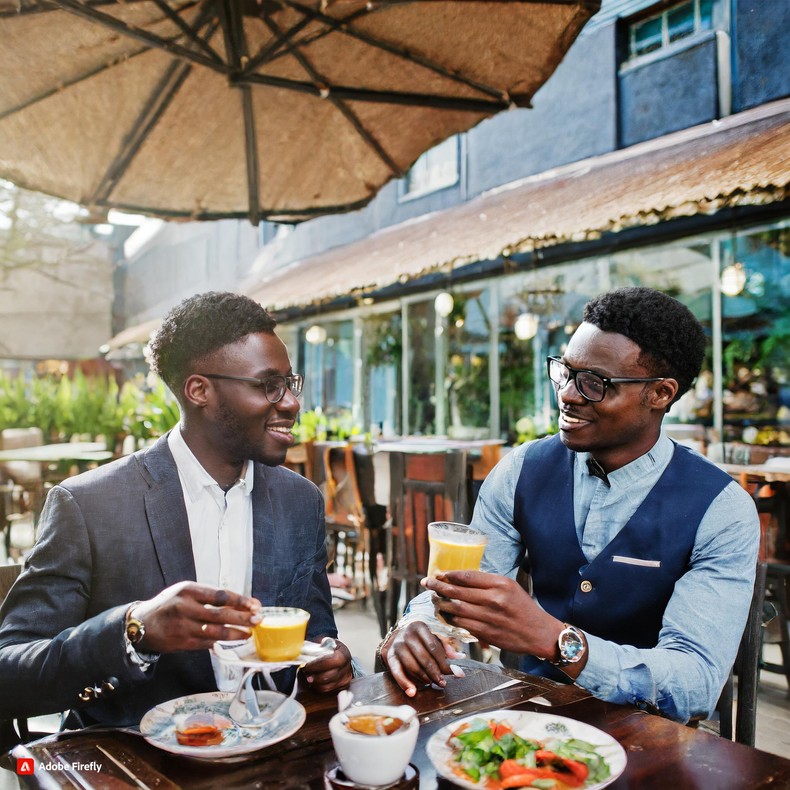 An AI-generated image of  men talking at a restaurant 